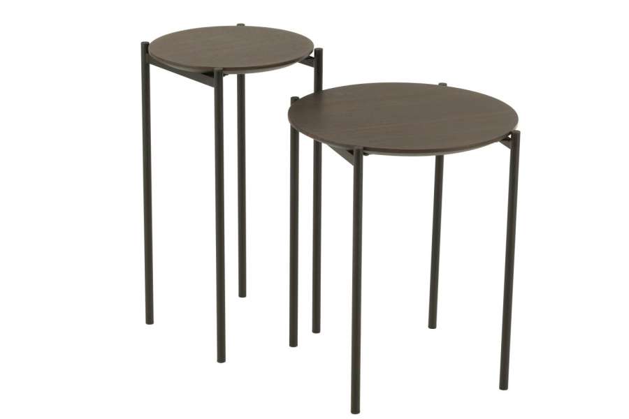 SET OF 2 SIDE TABLES ROUND MDF/METAL DARK BROWN