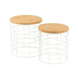 SET OF 2 SIDE TABLES CARVING IRON/PINE WOOD NATURAL/WHITE