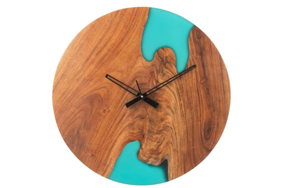 WALL CLOCK MODERN ACACIA WOOD/RESIN NATURAL/BLUE