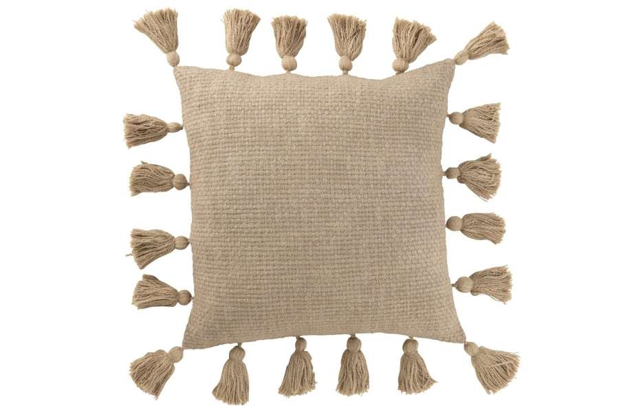 CUSHION WOVEN TASSELS COTTON TAUPE