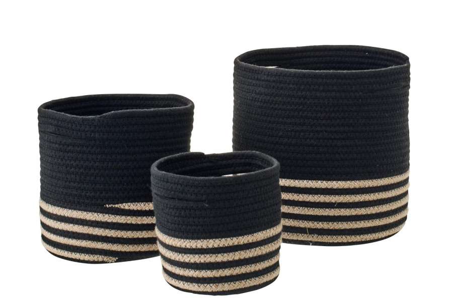 SET OF 3 BASKET STRIPED POLYESTER BLACK/BEIGE