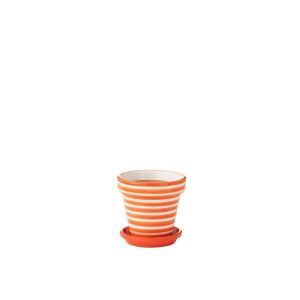 FLOWERPOT+PLATE GRANADA STRIPES HANDMADE/HANDPAINTED CERAMIC ORANGE/WHITE SMALL