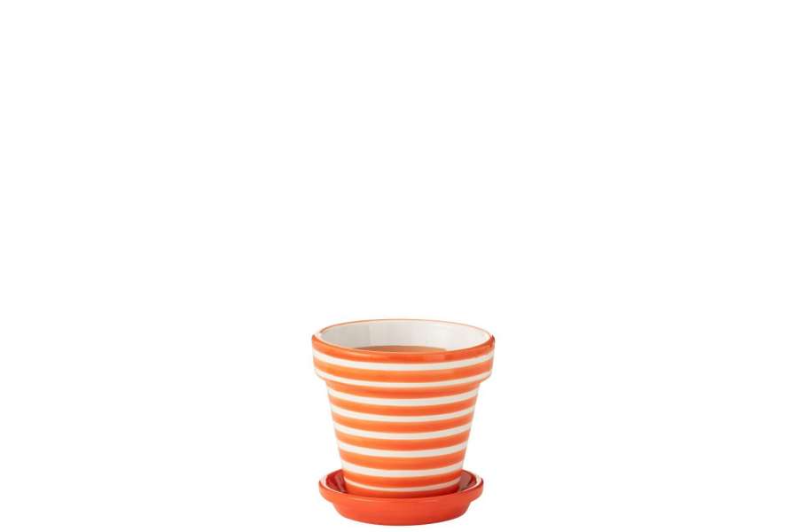 FLOWERPOT+PLATE GRANADA STRIPES HANDMADE/HANDPAINTED CERAMIC ORANGE/WHITE SMALL