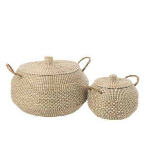 SET OF 2 BASKET HANDLES+LID SEAGRASS/PLASTIC NATURAL/WHITE