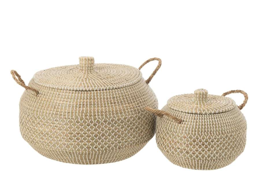 SET OF 2 BASKET HANDLES+LID SEAGRASS/PLASTIC NATURAL/WHITE