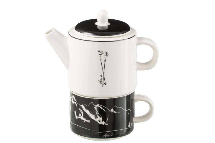 TEA POT+CUP WINDOWNBOX CERANMICS BLACK/WHITE