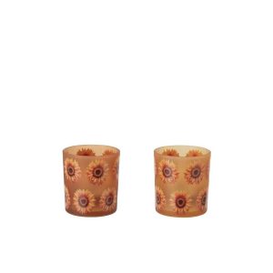 TEALIGHT HOLDER SUNFLOWER GLASS DARK ORANGE/LIGHT ORANGE SMALL ASSORTMENT OF 2
