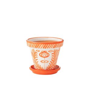 FLOWERPOT+PLATE GRANADA HANDMADE/HANDPAINTED CERAMIC ORANGE/WHITE LARGE