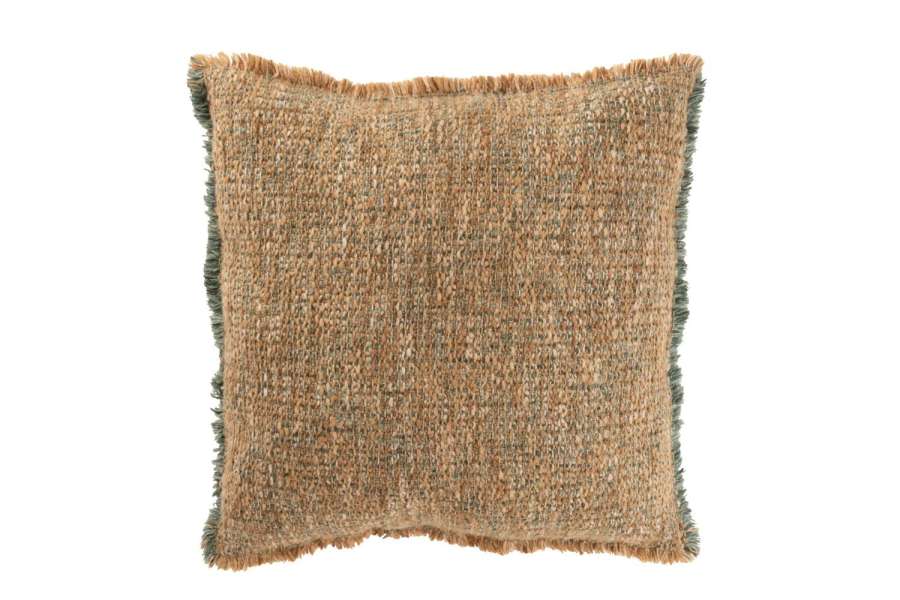 CUSHION FRAYED EDGES POLYESTER/COTTON LIGHT BROWN/GREEN