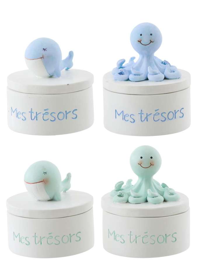 BOX WHALE  +  OCTOPUS POLYRESIN LIGHT BLUE/LIGHT GREEN ASSORTMENT OF 4