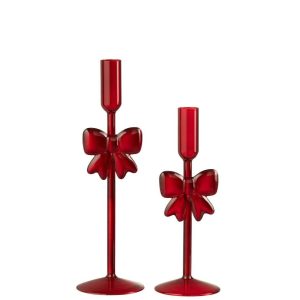 SET OF 2 CANDLE HOLDER GLASS DARK RED
