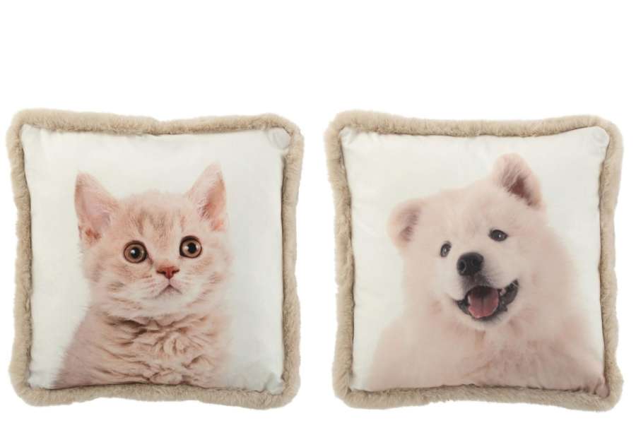 CUSHION DOG/CAT EDGES FUR/POLYESTER WHITE/BEIGE ASSORTMENT OF 2