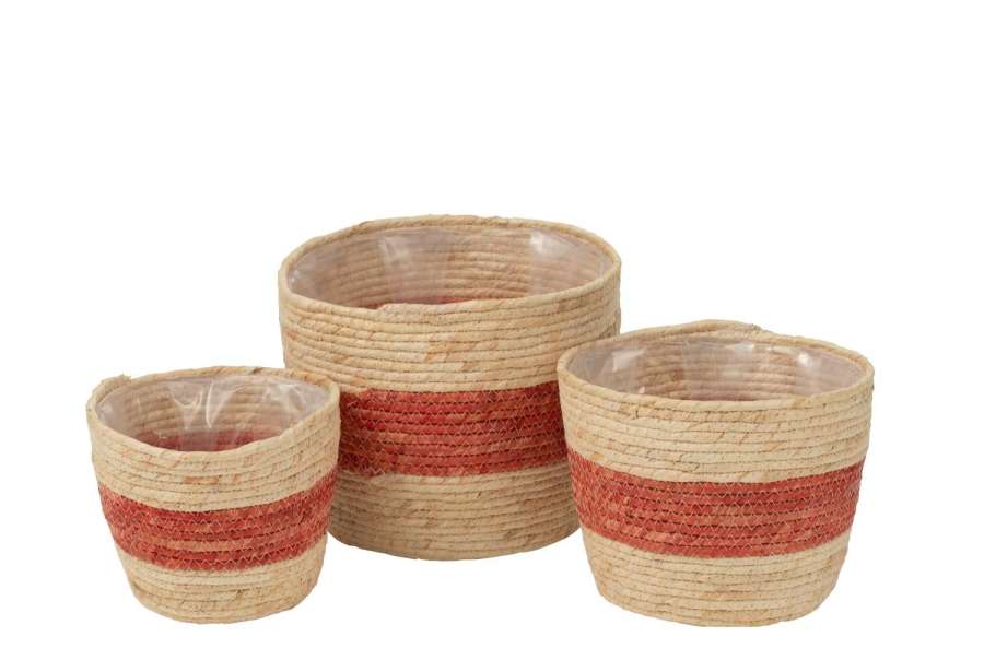 SET OF 3 BASKET STRIPES CORN HUSK NATURAL/RED