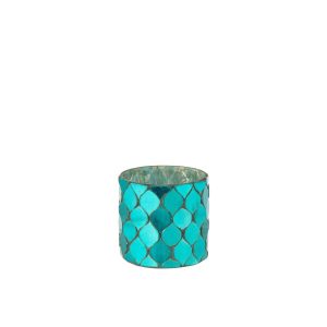 TEALIGHT HOLDER CYLINDER MOSAIC GLASS AZURE BLUE