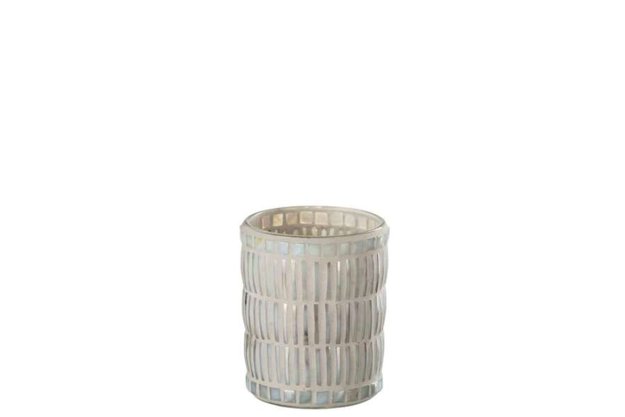 CANDLE HOLDER MOSAIC ROUND GLASS/CEMENT NACRE/GREY LARGE