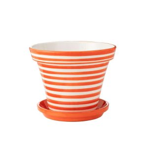 FLOWERPOT+PLATE GRANADA STRIPES HANDMADE/HANDPAINTED CERAMIC ORANGE/WHITE EXTRA LARGE