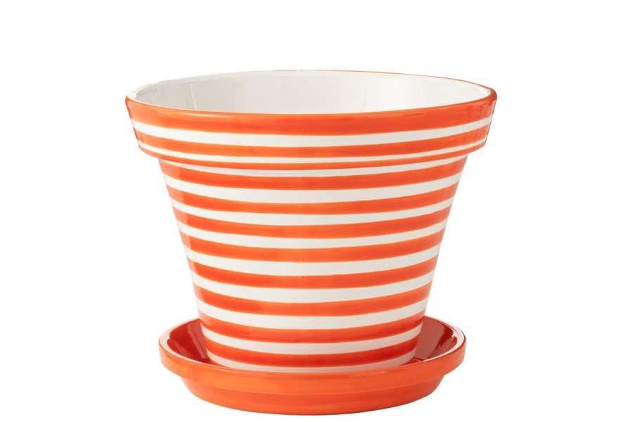 FLOWERPOT+PLATE GRANADA STRIPES HANDMADE/HANDPAINTED CERAMIC ORANGE/WHITE EXTRA LARGE