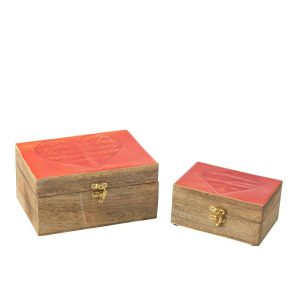 SET OF 2 BOXES HEART MANGO WOOD RED