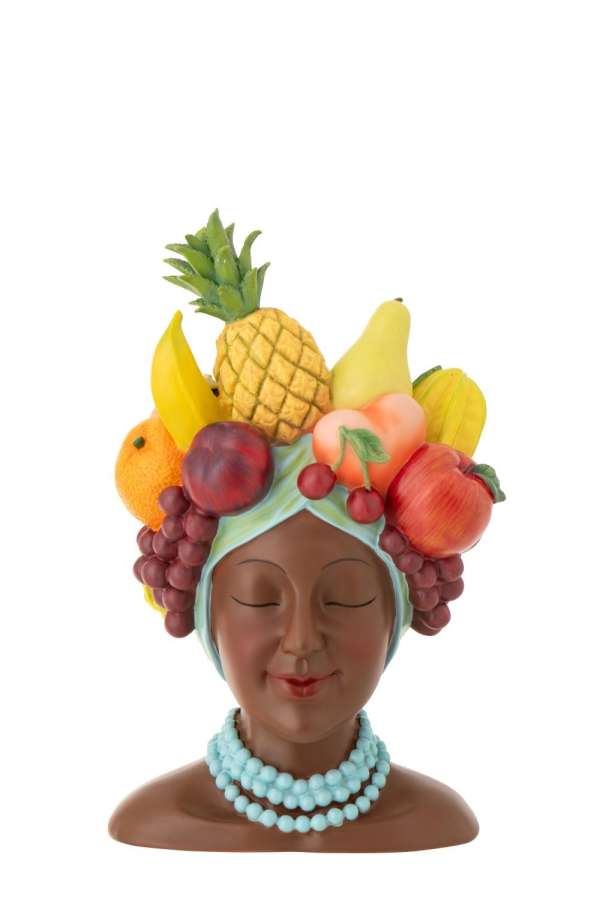 FLOWERPOT LADY WITH FRUITS RESIN MULTI