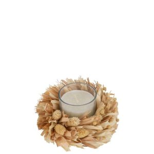CANDLE FLOWERS ROUND GLASS WHITE/NATURAL 24H