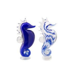 PAPERWEIGHT SEAHORSE STRIPED GLASS BLUE/WHITE ASSORTMENT OF 2