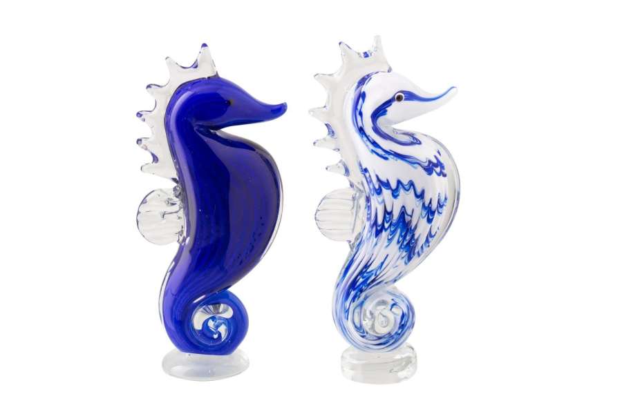 PAPERWEIGHT SEAHORSE STRIPED GLASS BLUE/WHITE ASSORTMENT OF 2