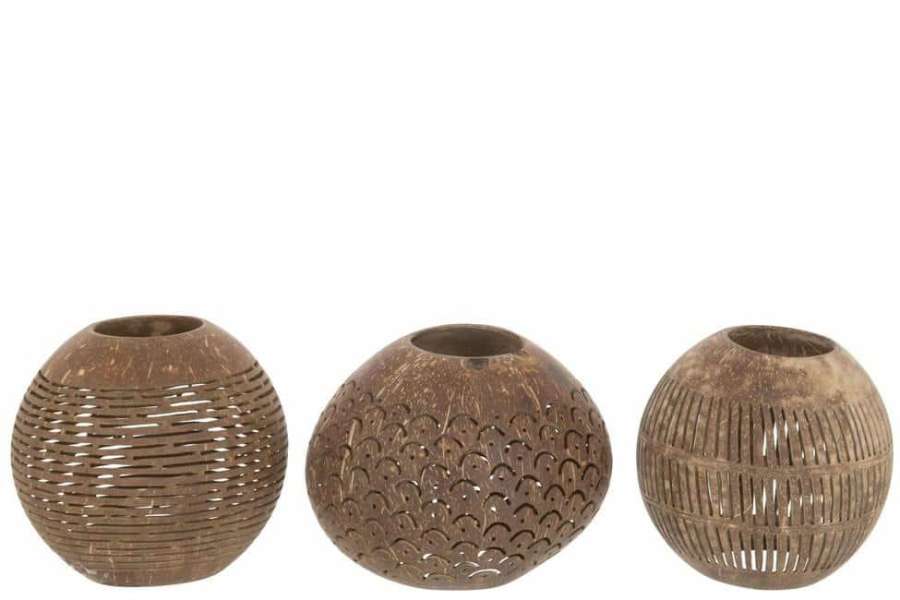 TEALIGHT HOLDER COCONUT LINES BROWN ASSORTMENT OF 3