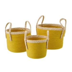 SET OF 3 BASKET WITH HANDLES PAPER MUSTARD YELLOW/NATURAL