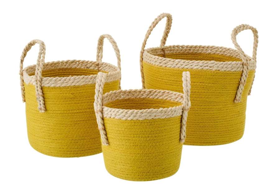 SET OF 3 BASKET WITH HANDLES PAPER MUSTARD YELLOW/NATURAL