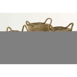 SET OF 3 BASKET STRIPED SEAGRASS NATURAL/TURQUOISE