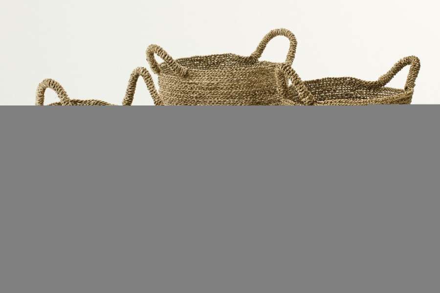 SET OF 3 BASKET STRIPED SEAGRASS NATURAL/TURQUOISE