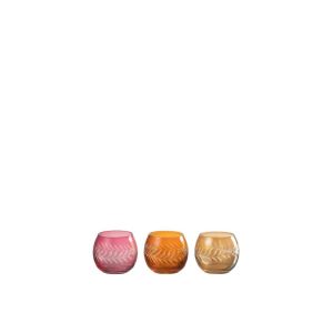 TEALIGHT HOLDER LEAVES ROUND GLASS MIX ASSORTMENT OF 3