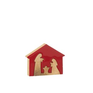 NATIVITY IN HOUSE MANGO WOOD CHRISTMAS RED/NATURAL MEDIUM