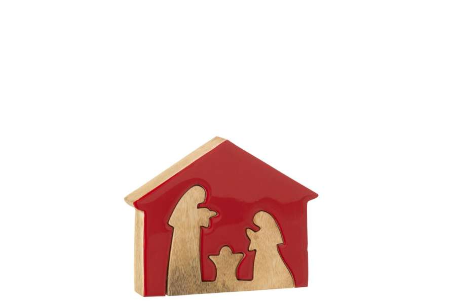 NATIVITY IN HOUSE MANGO WOOD CHRISTMAS RED/NATURAL MEDIUM