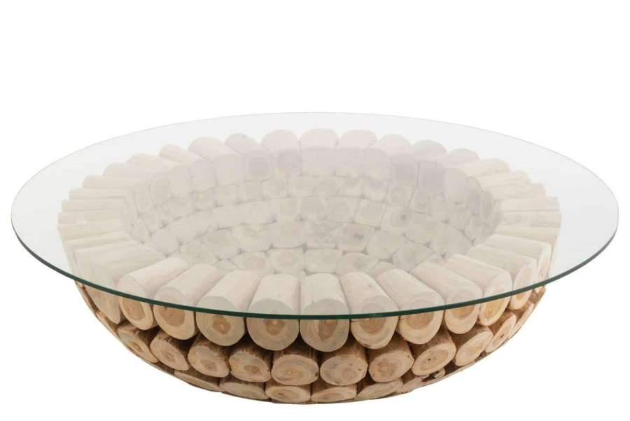 COFFEE TABLE DISCS OPEN TEAK WOOD NATURAL/GLASS