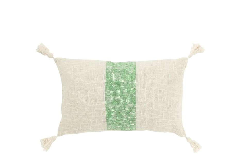 CUSHION RECTANGLE STRIPES+TASSELS COTTON WHITE/GREEN