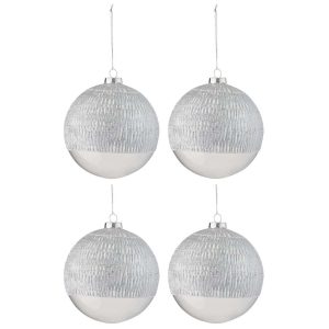 BOX OF 4 CHRISTMAS BALL LINE GLASS TRANSPARENT SILVER LARGE