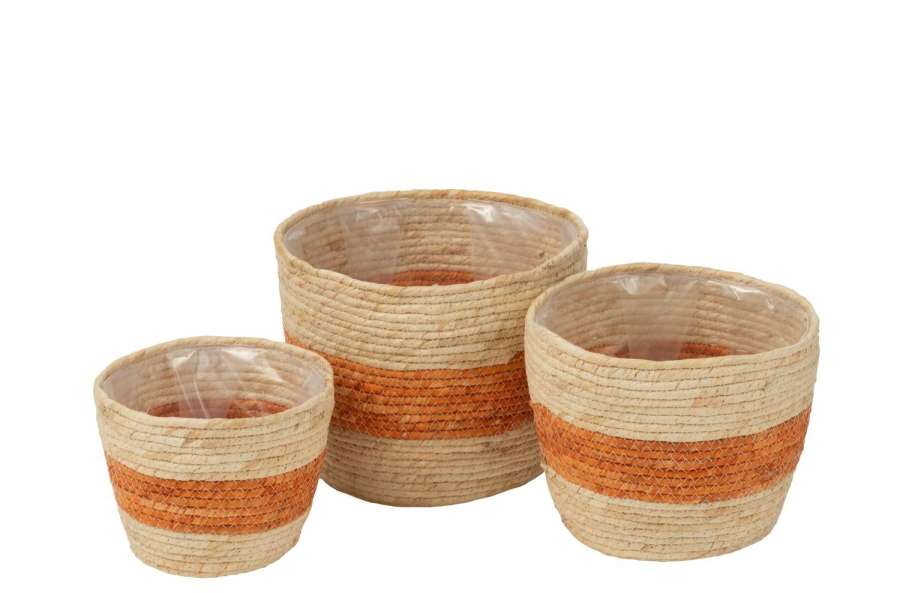SET OF 3 BASKET STRIPES CORN HUSK NATURAL/ORANGE