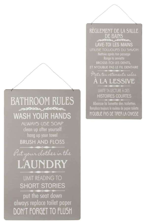 PLACARD SALLE DE BAIN/BATHROOM ENGLISH/FRENCH METAL GREY/WHITE ASSORTMENT OF 2