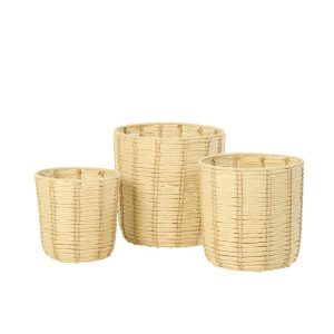 SET OF 3 BASKET ROUND STRIPED PAPER NATURAL/BEIGE