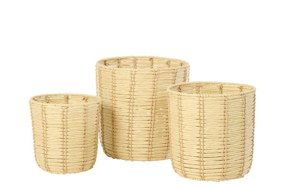 SET OF 3 BASKET ROUND STRIPED PAPER NATURAL/BEIGE