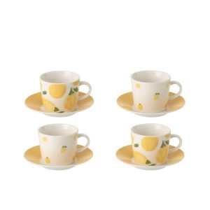 BOX OF 4 COFFEE CUP  +  SAUCER LEMON CERAMIC WHITE/YELLOW SMALL