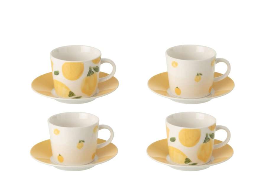 BOX OF 4 COFFEE CUP  +  SAUCER LEMON CERAMIC WHITE/YELLOW SMALL