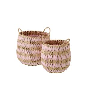 SET OF 2 BASKET WITH HANDLES STRIPED RUSH NATURAL/LIGHT PINK