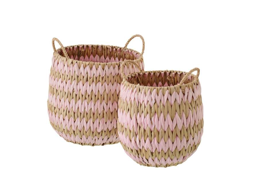 SET OF 2 BASKET WITH HANDLES STRIPED RUSH NATURAL/LIGHT PINK