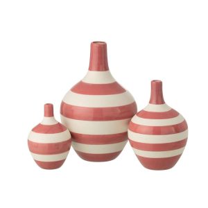 SET OF 3 VASE STRIPED PORCELAIN WHITE/PINK