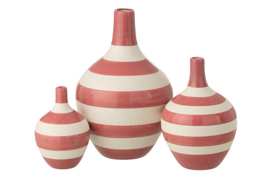 SET OF 3 VASE STRIPED PORCELAIN WHITE/PINK