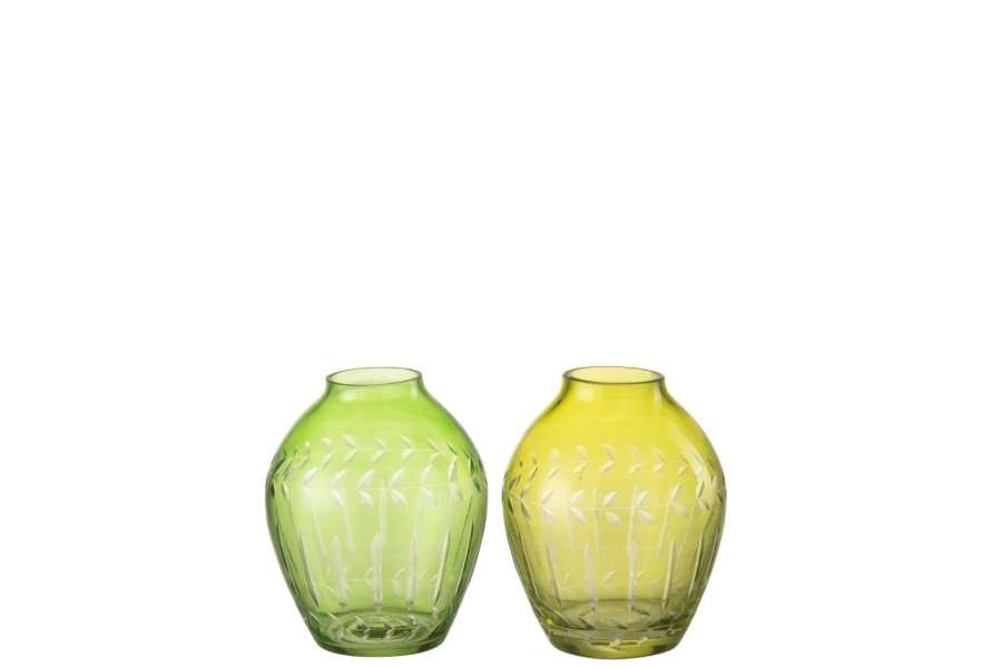 VASE BALL LEAVES GLASS GREEN ASSORTMENT OF 2