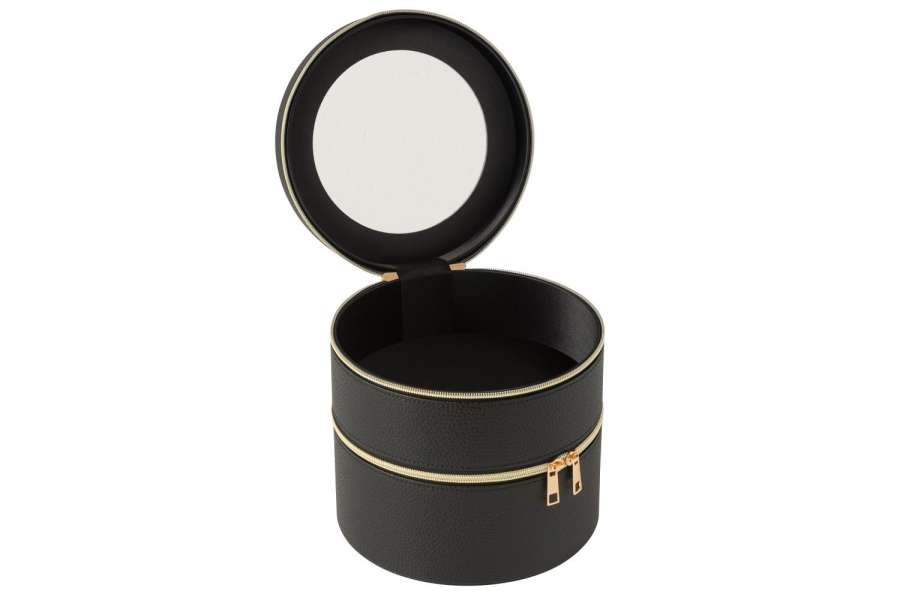 COSMETIC BOX ROUND+MIRROR ARTIFICIAL LEATHER BLACK