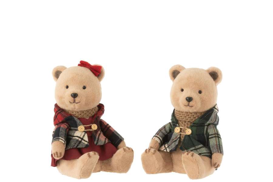 BEAR SITTING BOY/GIRL TEXTILE GREY/RED ASSORTMENT OF 2